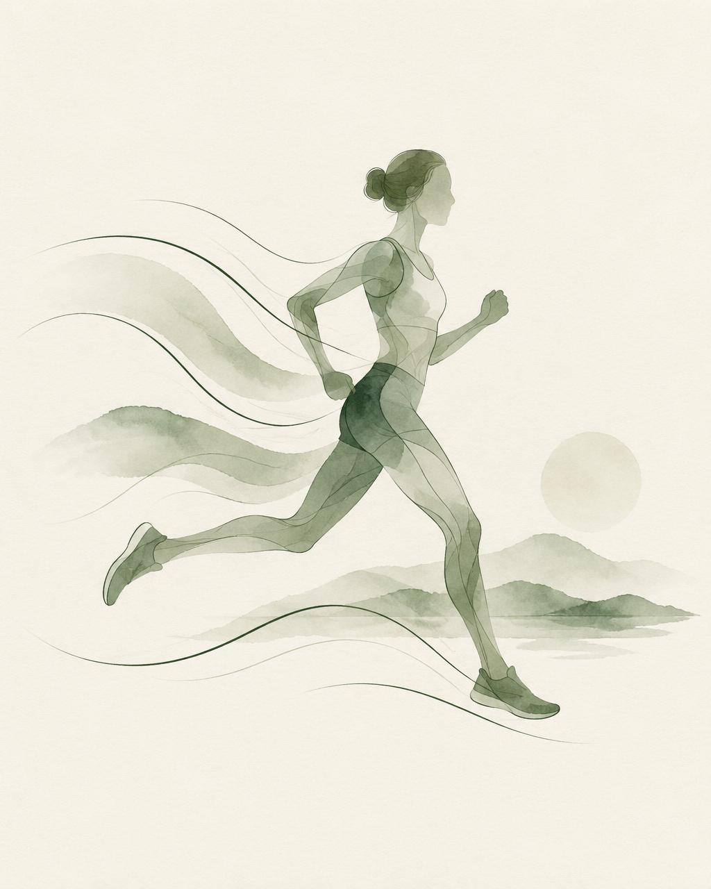 Illustration d’une coureuse en plein mouvement, évoquant la préparation, la récupération et l’équilibre du corps